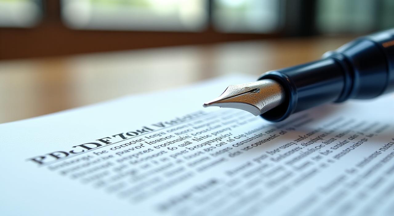 Close-up of a fountain pen resting on a detailed legal document with strict grid alignment